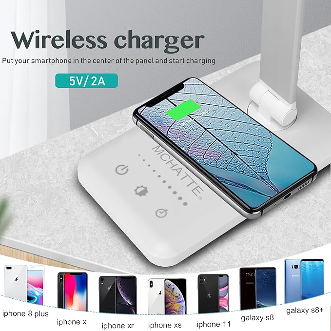 LED Desk Lamp with USB Charging Port, Dimmable Eye-Caring Table Lamps with Wireless Charger, 5 Brightness Levels & 5 Lighting Modes, Touch Control, Auto Timer