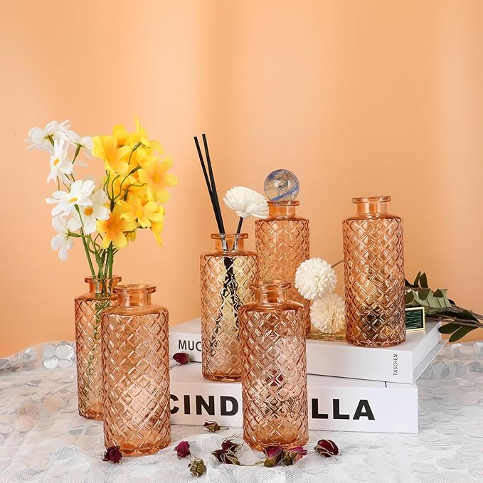 Glass Flower Vase, Amber, Aromatherapy Bottle, Small Vase, 6 Sets, Simple Solid, for Birthday, Anniversary, Weddind, Home Decoration