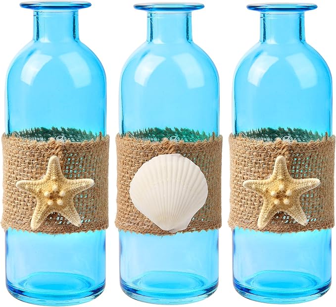 Shell Vase Set of 3 Blue Coastal Vase,Small Starfish Seashell Flower Glass Vases Handcrafted for Beachy Decor,Beach Wedding/Party Beach Home Decor (Blue)