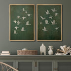 SIGNFORD Framed Canvas Print Wall Art Set Flight of Cranes Elegant Birds in Soft Green Hues Illustration Modern Art Decorative Nordic Nature for Living Room, Bedroom, Office - 24"x36"x2 Natural