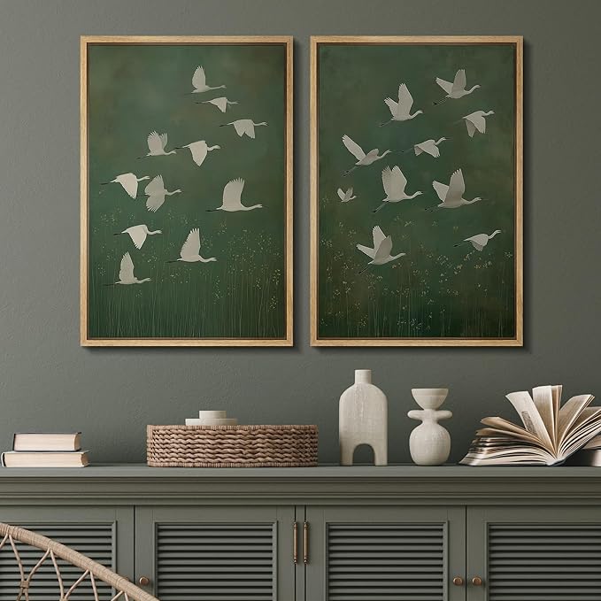 SIGNFORD Framed Canvas Print Wall Art Set Flight of Cranes Elegant Birds in Soft Green Hues Illustration Modern Art Decorative Nordic Nature for Living Room, Bedroom, Office - 24"x36"x2 Natural