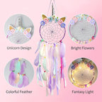 LED Lighted Up Unicorn Dream Catcher Wall Decor Colorful Feather Dreamcather Wall Hanging for Girls Kids Bedroom Decoration (Purple with Light)