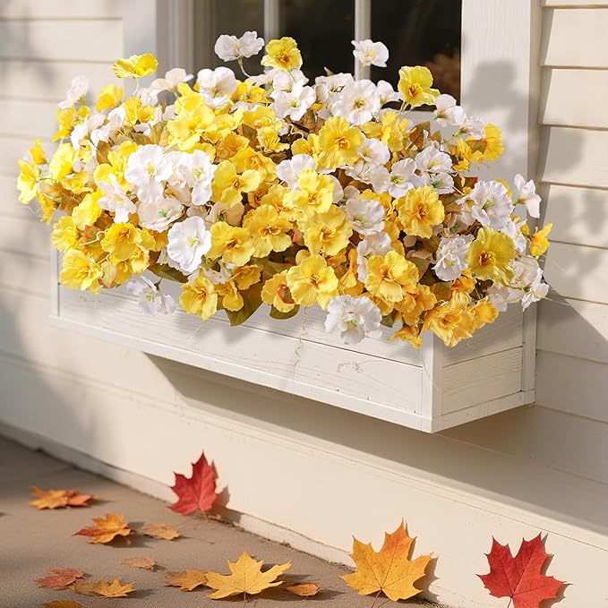 Fall Flowers Fake Flowers Mums for Outdoors Autumn Decoration, 6 Bundles Artificial Flowers Faux Silk Plants Realistic UV Resistant for Outside Planter Patio (Fall Yellow White)