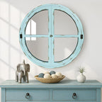 30" Round Window Mirror, Vintage Coastal Wall Mirror with Distressed Blue Wood Frame & Faux Windowpanes, Farmhouse Cottagecore Decor for Living Room, Entryway, or Dining Room