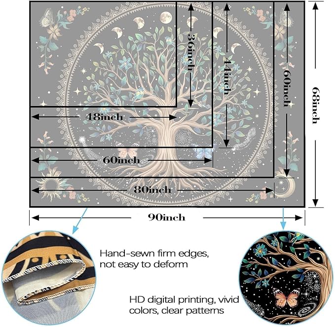 Lunerfex Tree of Life Tapastry Sun and Moon Tapastry Flower Boho Tree Mandala Wall Hanging for Bedroom and Living Room Decor Green Tree 70×90 Inches