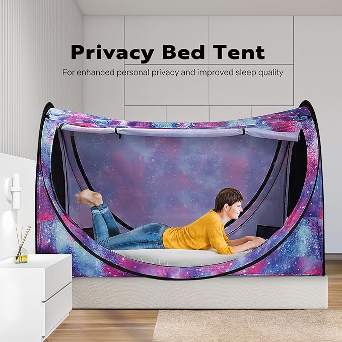 VIVOHOME Pop-Up Bed Tent Twin Size, Privacy Bed Canopy with 4 Doors and Mosquito Mesh, Breathable Sleeping Tent with Light Starry Sky Pattern for Kids and Adults