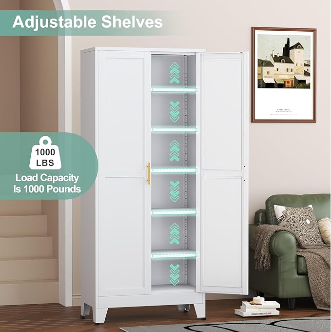 Metal Pantry Cabinet with 2 Doors and 5 Adjustable Shelves, 75" Kitchen Storage cabinets with Gold Handles, Versatile Storage for Laundry Room, Living Room, Bathroom, Dinning Room, Utility Room-White