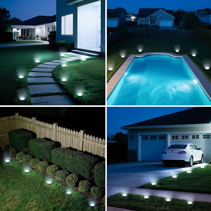 Mini Outdoor Solar Lights，4 Pqck Solar Garden Lights for Outside IP65 Waterproof, 8 LED Disc Landscape Lighting for Garden Yard Driveway Walkway Poolside Deck Lawn Patio,Cold White