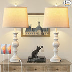Farmhouse Lamp for Bedroom Set of 2, Rustic Table Lamp with Dual USB Charging Ports, 28" Tall Table Lamps with Linen Shade for Living Room, Bulb Not Included