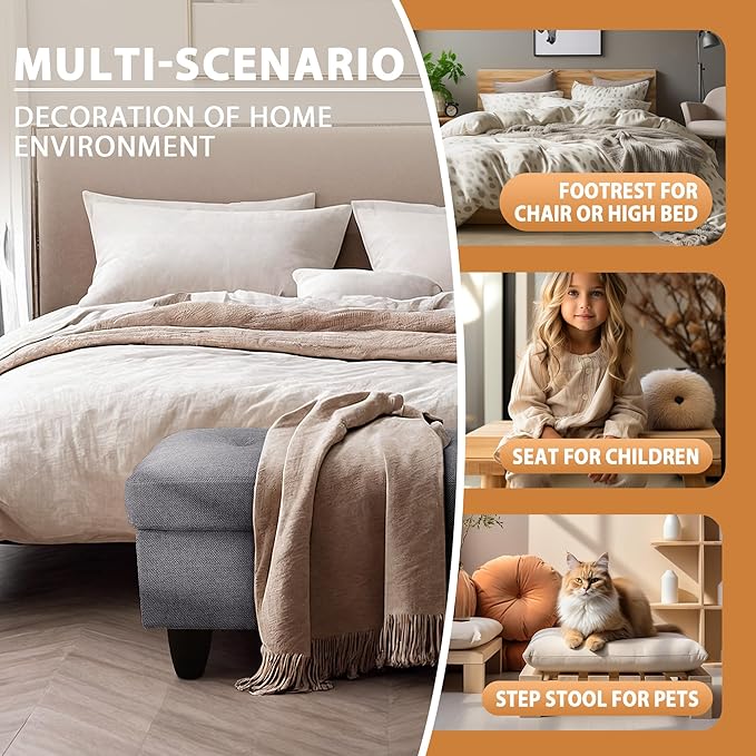 Ottoman Rectangular Storage Ottoman Bench, Flannel Footrest Stool Footstool with Lid for Living Room, Bedroom, Entryway, Gray, 28.5"x19"x17.5"