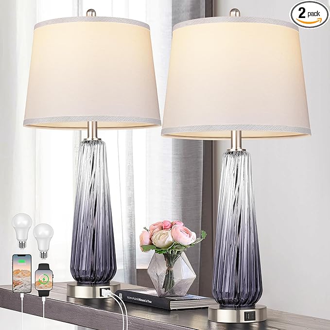 Glass Table Lamps Set of 2, Modern Bedside Lamps for Bedrooms with USB A+C Ports, 3-Way Dimmable Touch Control Nightstand Lamp with White Linen Shade, 27.5" Large Lamps for Living Room Decor, Grey