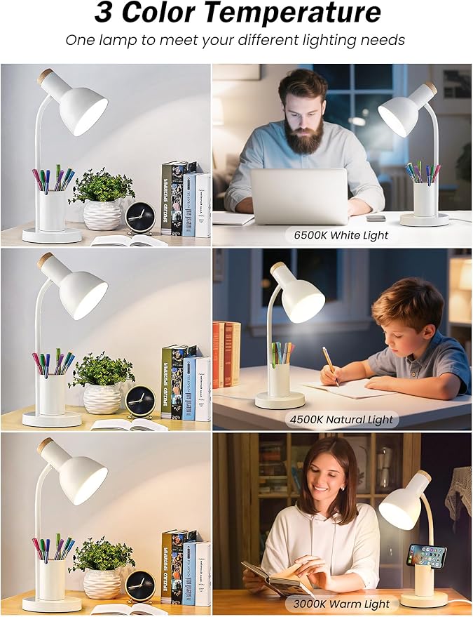 LED Desk Lamp with Pen Holder, Eye-Caring Desk Light 3 Color Modes Reading Light Flexible Gooseneck Metal Study Lamp, Cute Table Lamps for Home Office Bedside Dorm(White lamp)