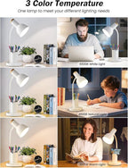 LED Desk Lamp with Pen Holder, Eye-Caring Desk Light 3 Color Modes Reading Light Flexible Gooseneck Metal Study Lamp, Cute Table Lamps for Home Office Bedside Dorm(White lamp)
