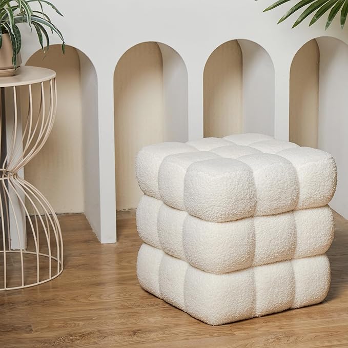 White Square Ottoman 17''3 Cube Pouf Installed,Sturdy Wooden Frame,Capacity 330 lbs,Modern Sofa Stool Fuzzy Sherpa Footstool,Foot Rest,Cube Boucle,Vanity Stool,for Couch Living Room