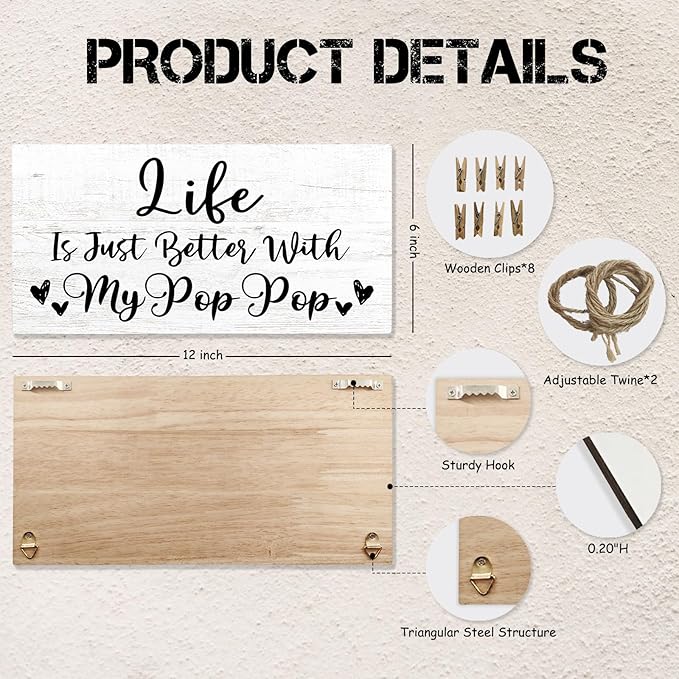 Pop Pop Gifts Picture Frame Photo Holder for Wall, Fathers Day Papa Gifts for Poppy Grandpa, Thank You Grandfather Papa Gift from Grandchildren Grandkids Hanging Photo Display