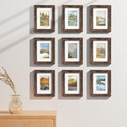 Vittanly 6x8 Picture Frames Set of 9, Shatter Resistant Plexiglass, Display 4x6 Pictures with Mat or 6x8 without Mat, Photo Frames for Wall or Tabletop, Engineered Wood, Brown