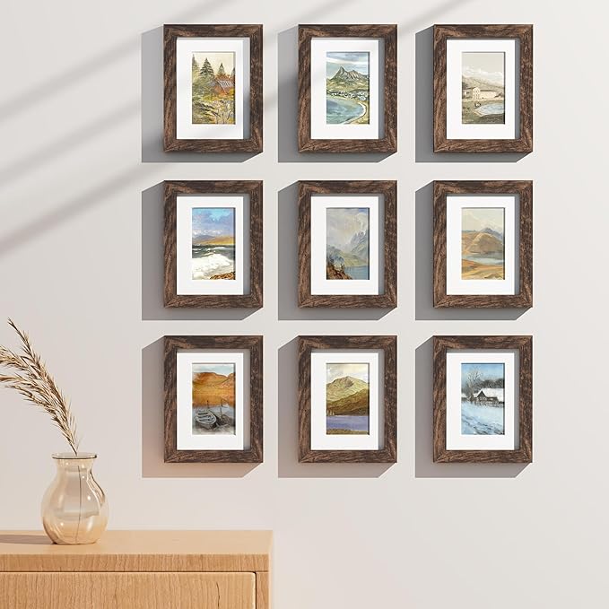 Vittanly 6x8 Picture Frames Set of 9, Shatter Resistant Plexiglass, Display 4x6 Pictures with Mat or 6x8 without Mat, Photo Frames for Wall or Tabletop, Engineered Wood, Brown