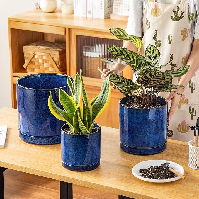 vancasso Ceramic Planters, Plant Pots for Indoor Plants, 6.25+8.25+10.25 Inch Ceramic Pots for Plants, Flower Pots with Drainage Holes (Blue, 6.25+8.25+10.25 Inch)