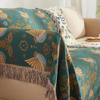Boho Throw Blanket for Couch Sofa Bed, 100% Cotton Woven Quilt with Tassel 80”x90”, Super Soft Muslin Blanket with Bird Printed, Decorative Reversible Bed Blanket/Cover for All Seasons