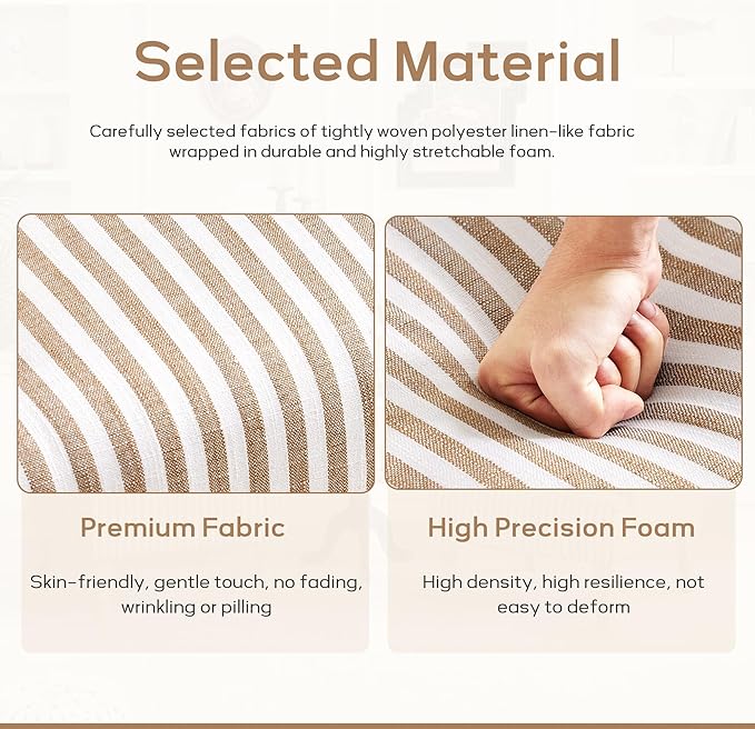 HUIMO Linen Fabric Accent Chair, Mid-Century Modern Armchair with Solid Wood Legs, Single Sofa Chair,Upholstered Reading Club Chair (1, Brown and White Stripe)