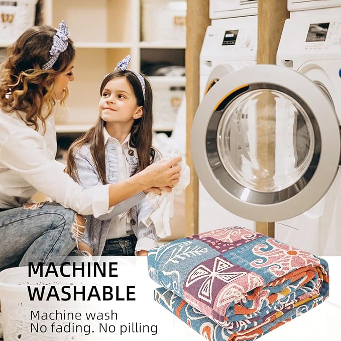 Boho Throw Blanket for Bed - 100% Pure Cotton Ultra Soft Rustic Quilt - Farmhouse Decor Bed Blankets, All Season Rustic Throw for Sofa Couch Chair(80''x 90'', Art Squares)