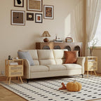 Rattan Nightstand with Charging Station,Farmhouse Bedside Table with 2 Storage Drawer and Open Wood Shelf, for Bedroom and Small Spaces,Night Stand with Solid Wood Legs (Yellow Oak-Outlet)