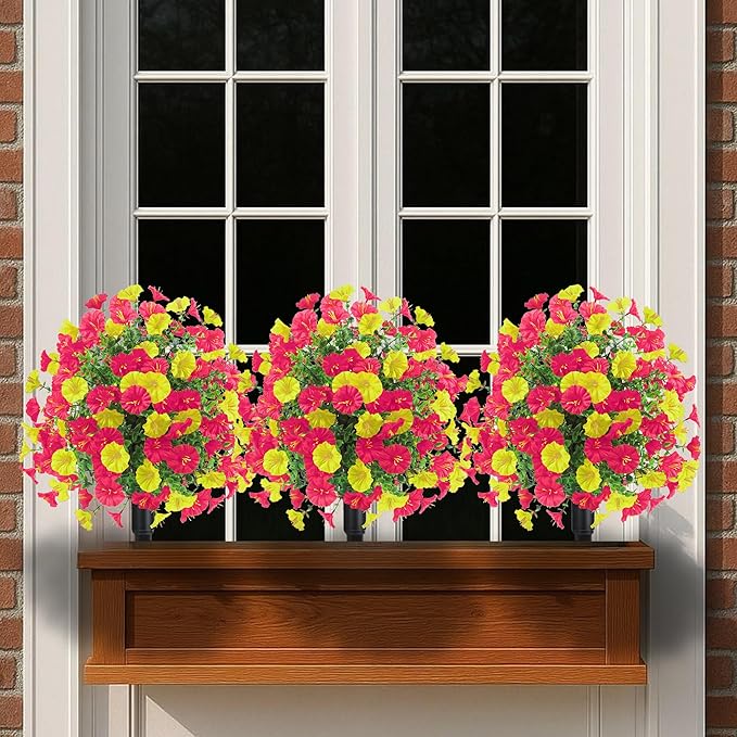 22.8" Set of 2 Fall artificial Boxwood topiary Ball tree for outdoors with Spike,UV Resistant Faux Shrubs Outdoor with morning glory flowers,Faux Plants Bushes for Garden Porch Yard Patio Decor YR