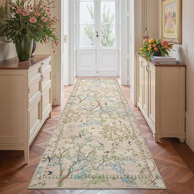 jinchan Beige Botanical Birds 3x8 Runner Rug for Hallway - Washable Non-Slip Soft Nature Plants Modern Kitchen Runner Carpet Vintage Ultra-Thin Low Pile Rug for Entryway Living Room Kitchen Laundry