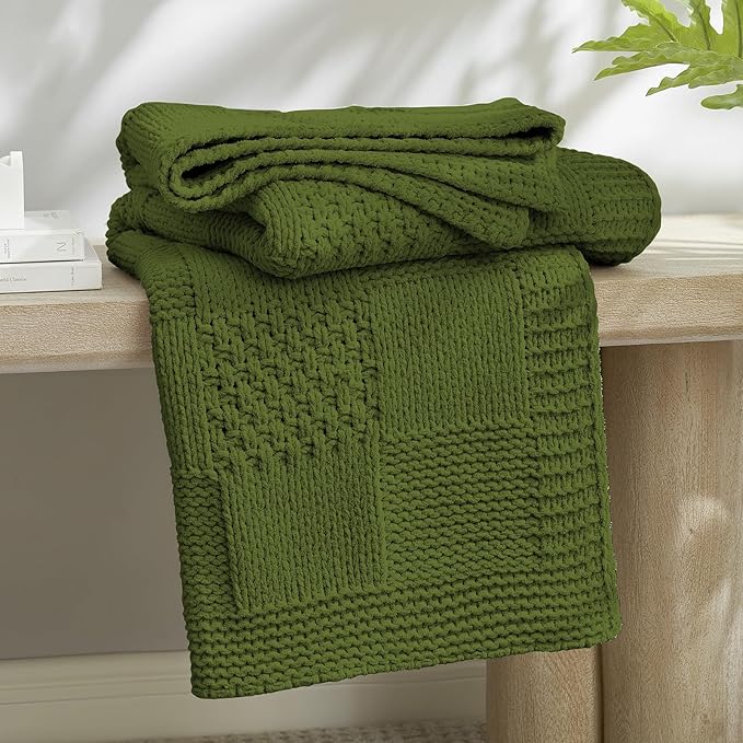 Amélie Home Chenille Knit Throw Blanket for Couch, Checkered Texture Decorative Soft Blanket for Sofa, Bed & Living Room, 50"x60", Olive Green