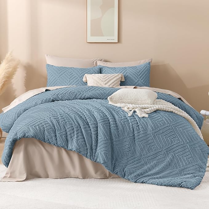 Andency Blue Comforter Set Full Size, 3 Pieces Boho Lightweight Fluffy Bedding Comforter Set for Full Bed, Tufted Farmhouse Design Bed Set for All Season (1 Comforter 79x90In, 2 Pillowcases)
