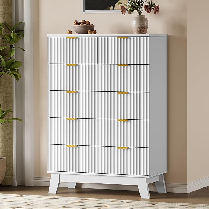 46" Tall Dresser for Bedroom, 6-Drawer Fluted Chest of Drawers, Modern Wood Highboy with Deep Storage, Metal Slides and Handles, Anti-Tip Kit, Vertical Clothes Organizer for Apartment, Nursery