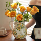 Levvohd Vintage Vase with Handle, 7.6 Inch Ceramic Pitcher Sunflower Floral Vase, Rustic Farmhouse Vases for Grandma Core Home Decor, Bookshelf Office Tuscan Decor (Large)