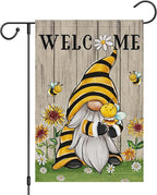 Welcome Summer Gnome Garden Flag Spring Summer Bee Sunflower Yard Flag 12x18 Double Sided Burlap Daisy House Flag for Rustic Seasonal Outside Outdoor House Decoration (ONLY FLAG)