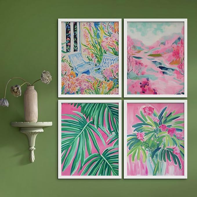 SIGNWIN Framed Tropical and Floral Bright Botanical Preppy Room Decor Pink Decor Digital Art Modern Art Decorative Multicolor Scenic for Bedroom - 11"x14"x4 White