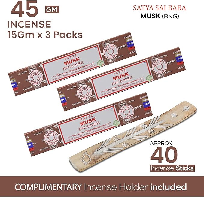 Satya Nagchampa Musk Incense Sticks, Satya Bng (Bangalore) Insenses 15gmx3 Pack (45 GMS) with Raajsee Incense Holder Bundle, Satya Nagchampa Natural Incense