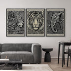 SIGNWIN Framed Canvas Print Wall Art Safari Animal Portrait Lion, Tiger, and Elephant Photography Modern Art Minimalist Black and White for Living Room, Bedroom, Office - 24"x36"x3 Black