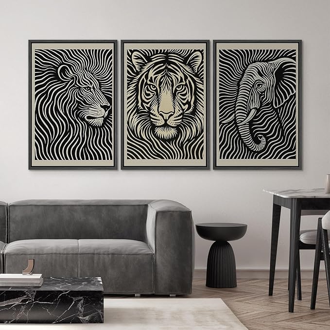 SIGNWIN Framed Canvas Print Wall Art Safari Animal Portrait Lion, Tiger, and Elephant Photography Modern Art Minimalist Black and White for Living Room, Bedroom, Office - 24"x36"x3 Black