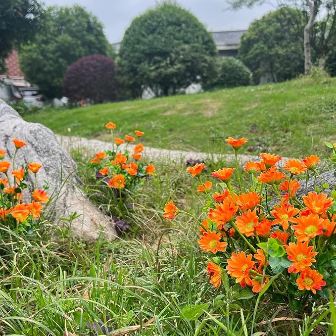 alyptus 8 Bundles Artificial Flowers for Outdoors Faux Mums UV Resistant Plastic Fall Plants Fake Greenery Orange Daisy Bulk for Home Gardenr Window Box Pathway Plante Wedding Decor (Orange)