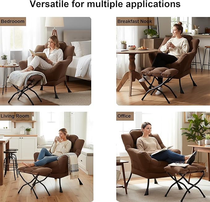 Cozy Lazy Chair and Ottoman, Large Contemporary Accent Lounge Chair Set, Leisure Upholstered Reading Armchair for Bedroom, Living Room, Dorm Rooms, Office