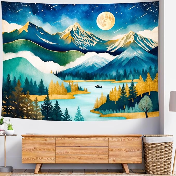 Delur Mountain Tapestry Boho Moon Stars Starry Night Tapestry Wall Hanging Forest Tree Nature Landscape Psychedelic Headboard for Bedroom Living Room Home Decor (70.8" x 92.5")