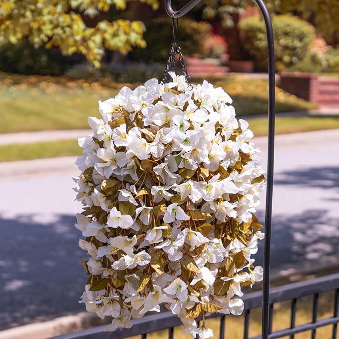 Bougainvillea Artificial Fall Flowers Fake Plants for Outdoors Autumn Decoration, 3PCS Faux Silk Hanging Trailing Vines with Baskets UV Resistant Realistic for Front Door Patio Balcony, Fall White