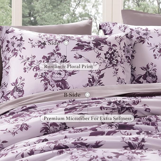 Queen Comforter Set -7 Pieces Deep Purple Floral Comforter Set for All Seasons, Bed in a Bag Queen with Botanical Flowers Comforter, Sheets, Pillowcases & Shams