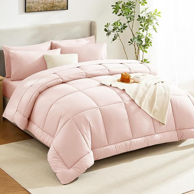 CozyLux Full Size Comforter Sets Blush Pink, 7 Pieces Bed in a Bag, Pink Comforter Full Size, All Season Bedding Sets with Stitch Quilted Comforter, Flat Sheet, Fitted Sheet, Pillowcases