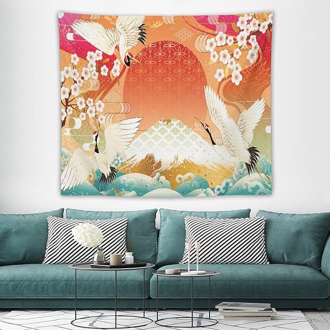 HZOHNAGO Japanese Tapestry Cherry Blossom Crane Sea Wave Fuji Mountain Red Sun Pattern Printed Wall Tapestry Painting Wall Hanging for Bedroom Living Room Dorm 60" W x 50" H