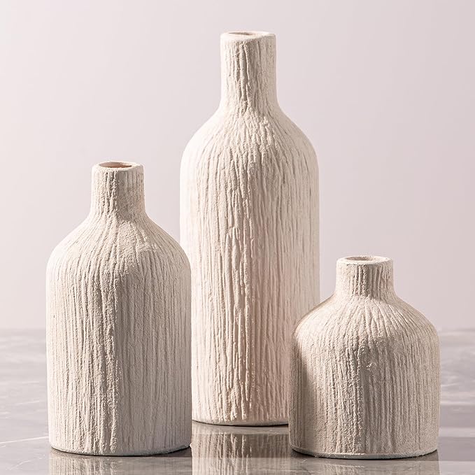 Ceramic Vase Home Table Decor - White Flower Vase Set of 3 Living Room Kitchen Decorations Farmhouse Modern Rustic Vases Decorative Centerpiece for Shelf Bedroom Office Bathroom Dining Coffee Desk