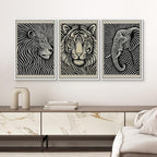 SIGNWIN Framed Canvas Print Wall Art Safari Animal Portrait Lion, Tiger, and Elephant Photography Modern Art Minimalist Black and White for Living Room, Bedroom, Office - 16"x24"x3 White