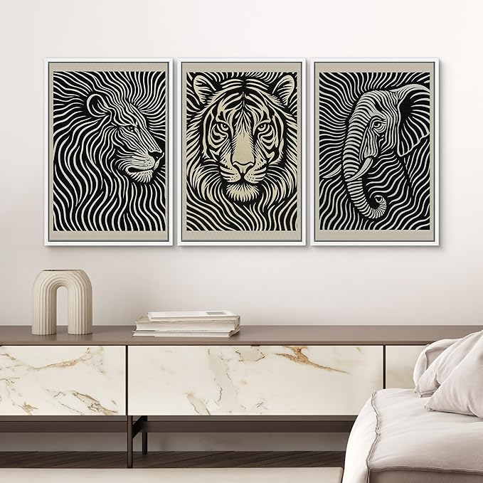 SIGNWIN Framed Canvas Print Wall Art Safari Animal Portrait Lion, Tiger, and Elephant Photography Modern Art Minimalist Black and White for Living Room, Bedroom, Office - 16"x24"x3 White