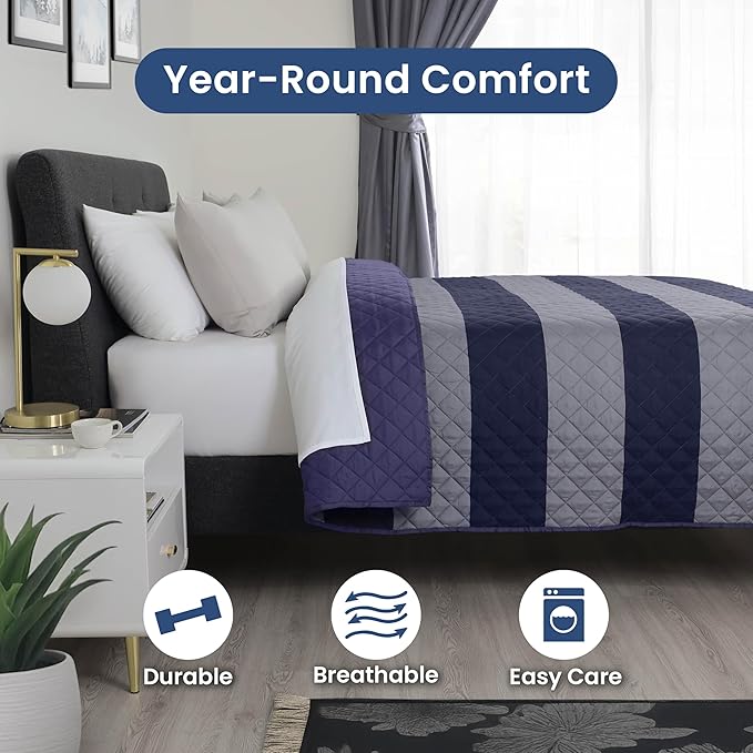 Martex Reversible Coverlet – Full Queen Size Quilt - Lightweight Quilt Full Size– Durable Queen Size Quilts for Bed – Soft - Easy Care Bedding – Rugby Stripe/Navy