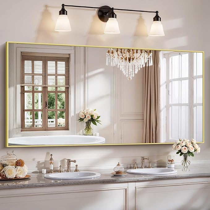 YIROMAN Bathroom Mirror 72"x36", Large Brushed Gold Bathroom Mirror for Over Sink with Aluminum Frame, Rectangular Vanity Mirror with Right Angle, Wall Mirror Hangs Horizontal or Vertical