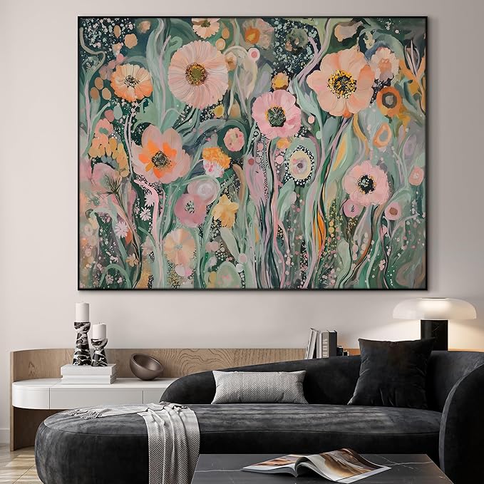SIGNWIN 46"x60" Extra Large Framed Wall Art Whimsical Garden Bloom, Colorful Abstract Floral for Home Living Room Bedroom Decor (Frame Assembly Required)